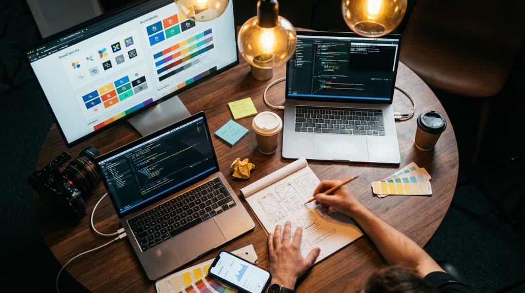 Overhead view of a creative workspace with code, brand design, wireframes, and production equipment — representing full-stack business building